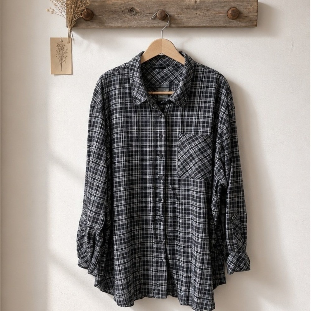 Torrid 4 Plaid Drop Shoulder Slub Long Sleeve Top Blk/White 4X NWT RV $64‎